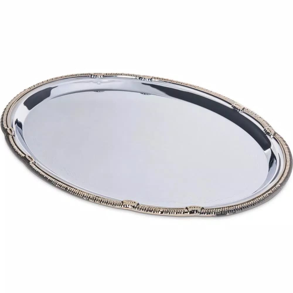Carlisle FoodService Celebration 12-Pack Silver Carbon Steel Oval Serving Trays with Gold Border, 17.75 x 12.87 in.