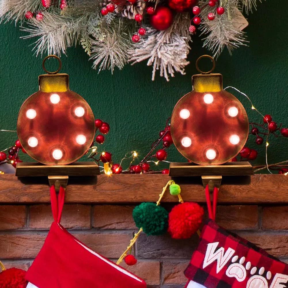 Glitzhome 2-Pack Marquee LED Stocking Holders - Metal Tree & Gift Box Holiday Decor