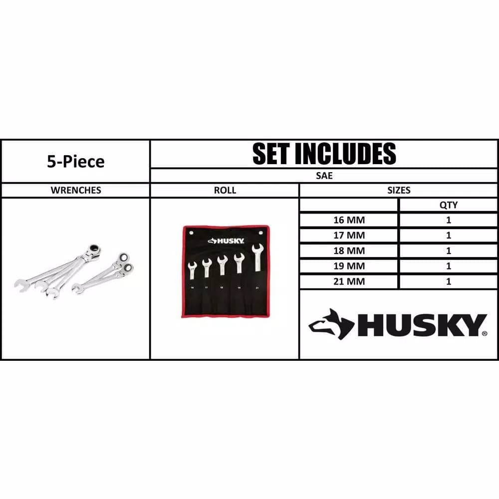 Husky 5-Piece Large Metric Flex Head Ratcheting Wrench Set, 16-21mm
