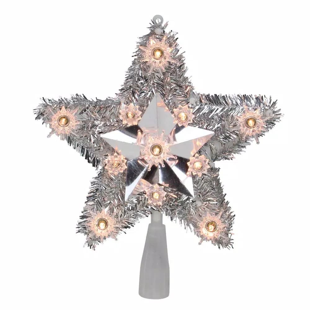 Northlight 9 in. Lighted Silver Tinsel Star Christmas Tree Topper with 11 Clear Mini Lights