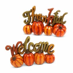 Gerson 6.89 in. Resin Harvest Thanksgiving Pumpkin Tabletop Decor Set of 2 - Thankful & Welcome thumbnail 1