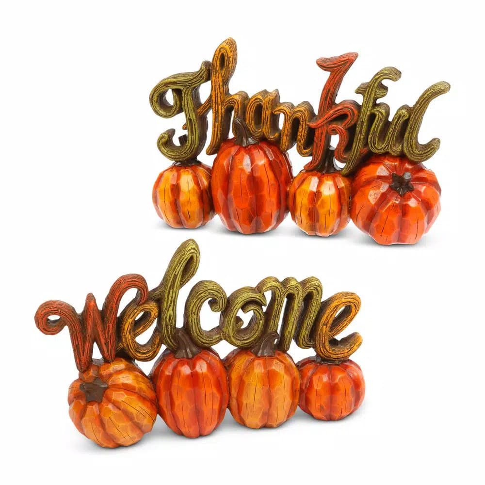 Gerson 6.89 in. Resin Harvest Thanksgiving Pumpkin Tabletop Decor Set of 2 - Thankful & Welcome