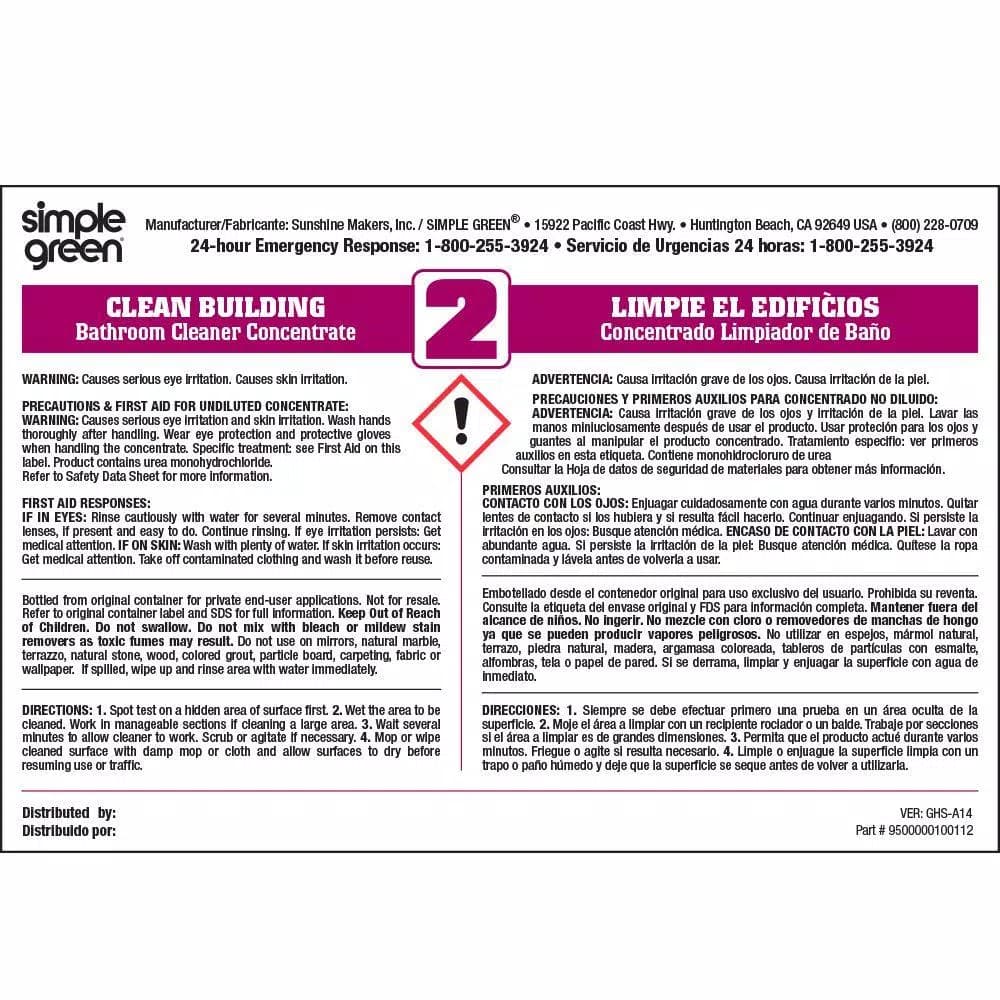 Simple Green Clean Building Bathroom Cleaner Secondary Labels, Bilingual, 10-Pack