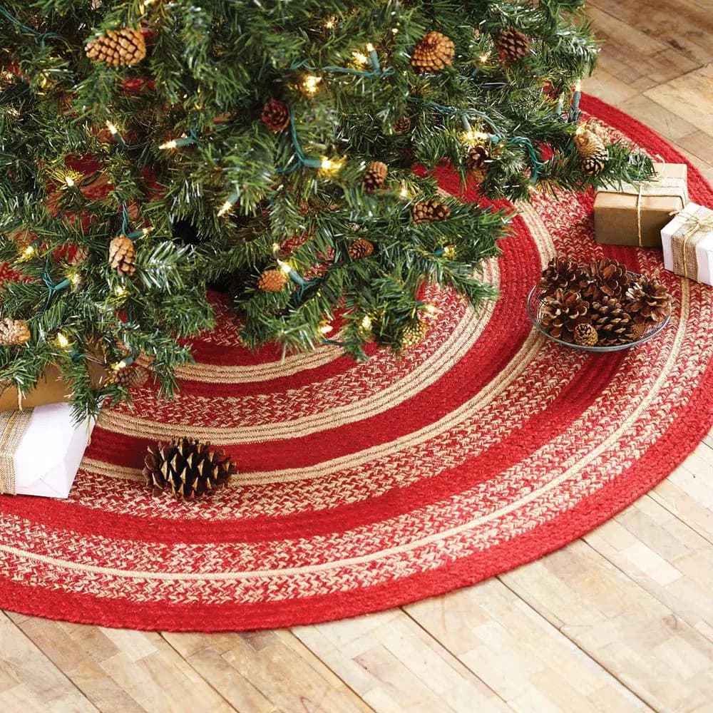 VHC Brands 50 in. Cunningham Cherry Red and Natural Jute Christmas Tree Skirt