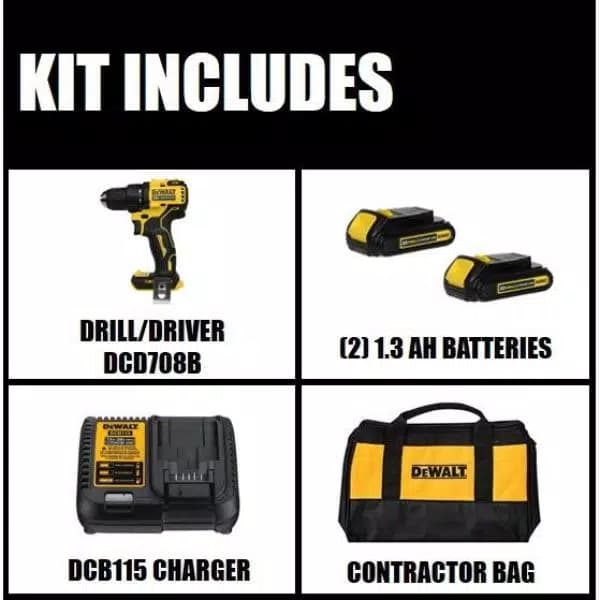 DEWALT 20V MAX ATOMIC Brushless 1/2 in. Compact Cordless Drill/Driver Kit with (2) 1.3Ah Batteries, Charger & Bag