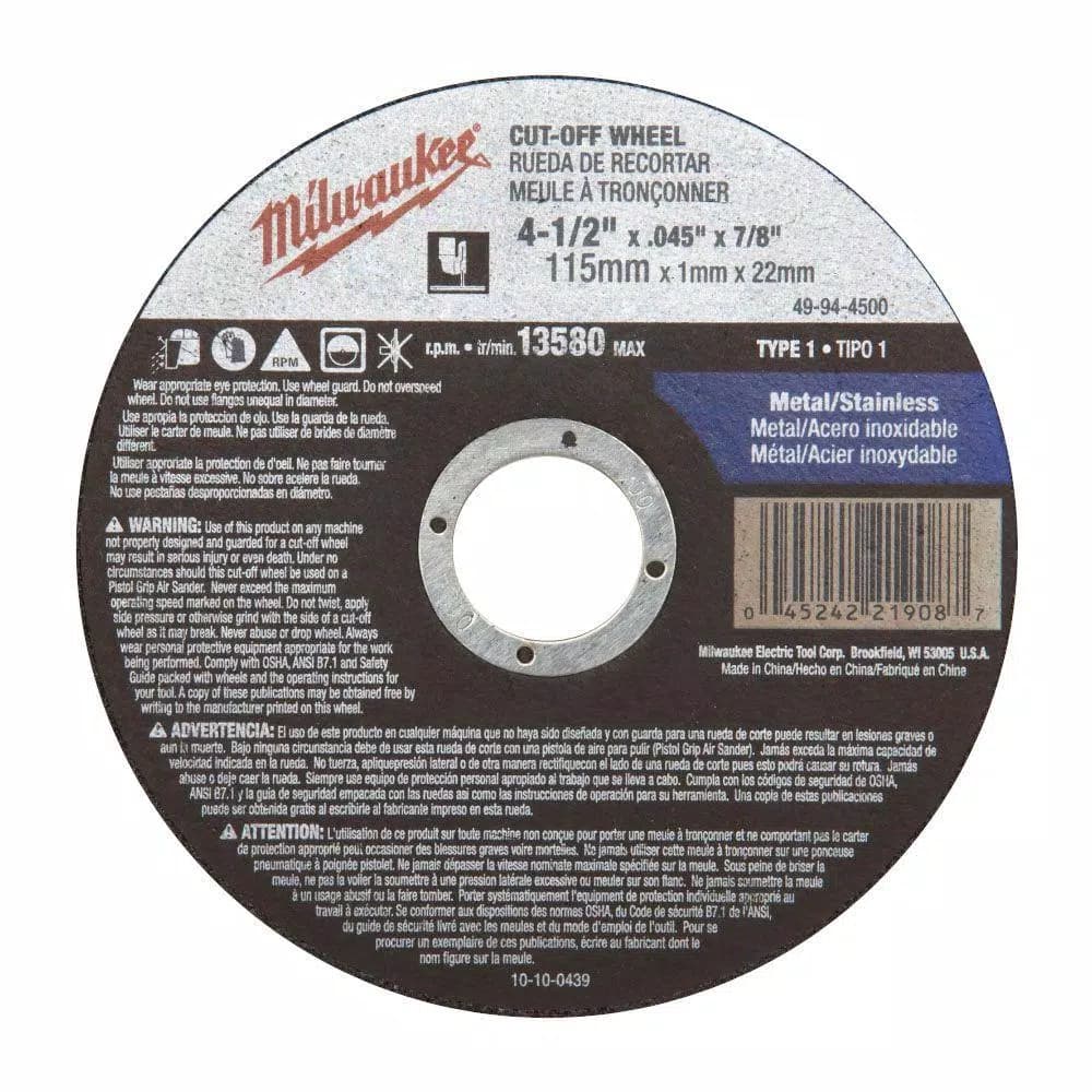Milwaukee 4-1/2 in. x 0.045 in. x 7/8 in. Cut-Off Wheel, Type 27, 60 Grit
