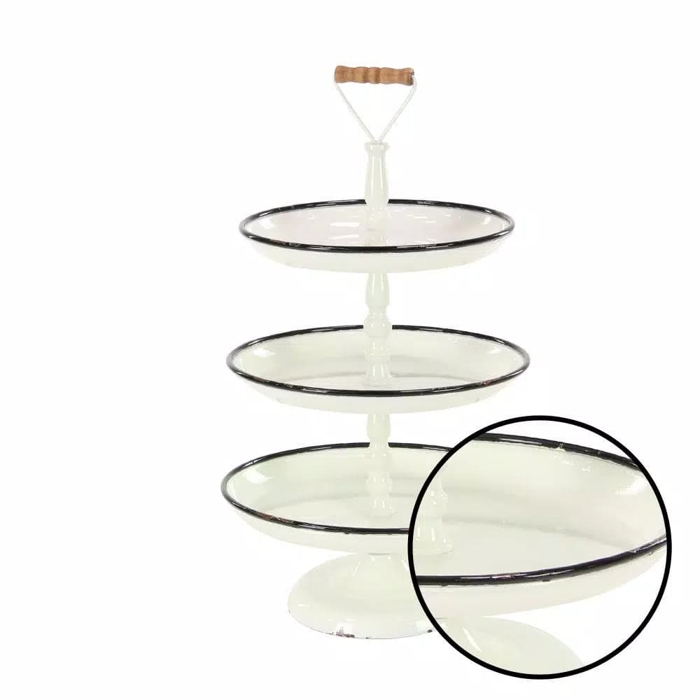 LITTON LANE Rustic Reflections 3-Tier Metal Pedestal Tray, Distressed White with Black Accents