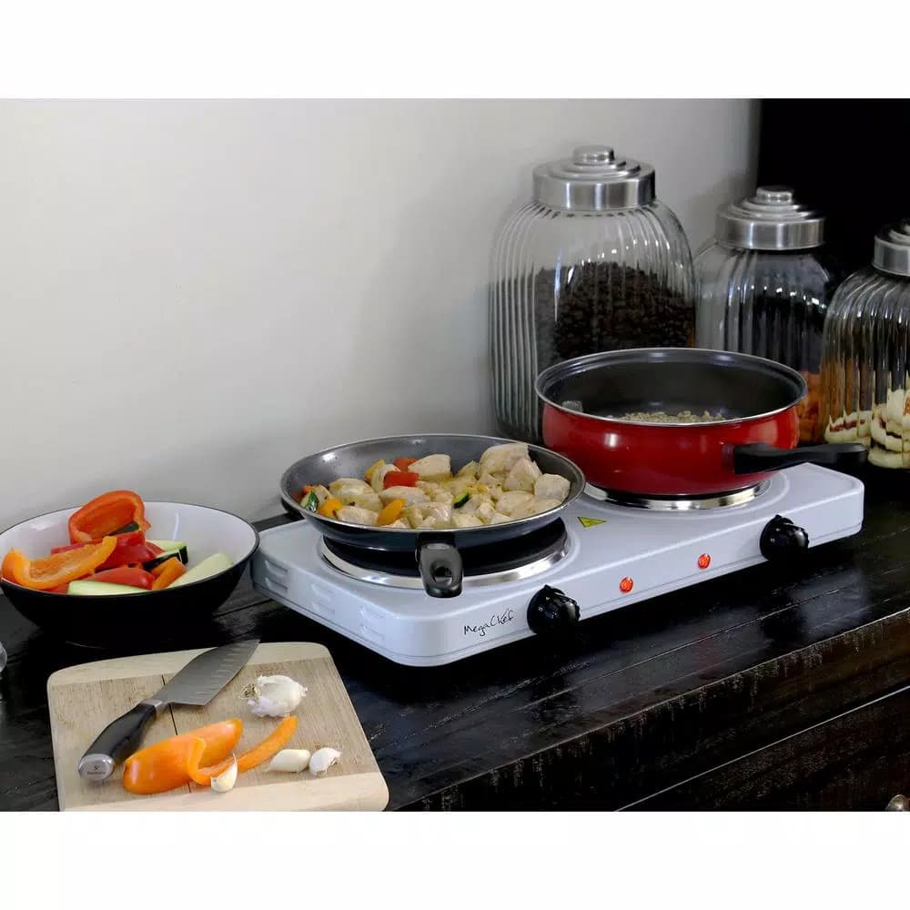 MegaChef 2-Burner Portable Electric Hot Plate Cooktop, 1700W, White