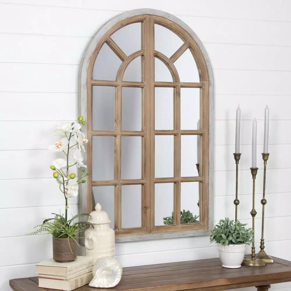 Aspire Home Accents Pueblo Large Arch Windowpane Accent Mirror with Hooks, Distressed Chestnut and Blue-Gray Wood Frame
