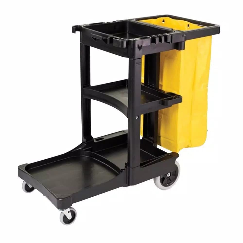 Rubbermaid Commercial Products Commercial Plastic Cleaning Cart with 3 Shelves and Zippered Yellow Vinyl Bag