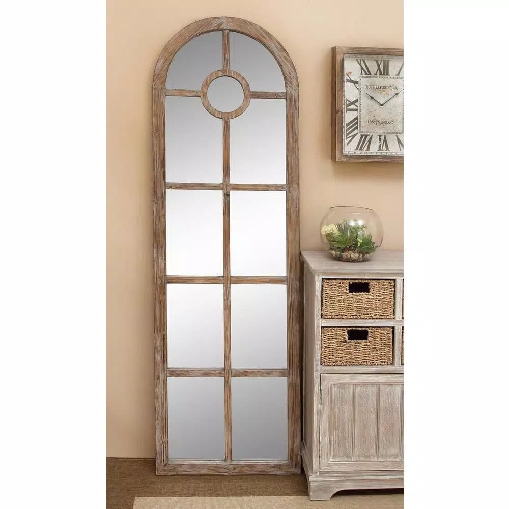 LITTON LANE Hayes Oversized Arch Distressed Brown Wood Window Mirror (72 in. x 23 in.)