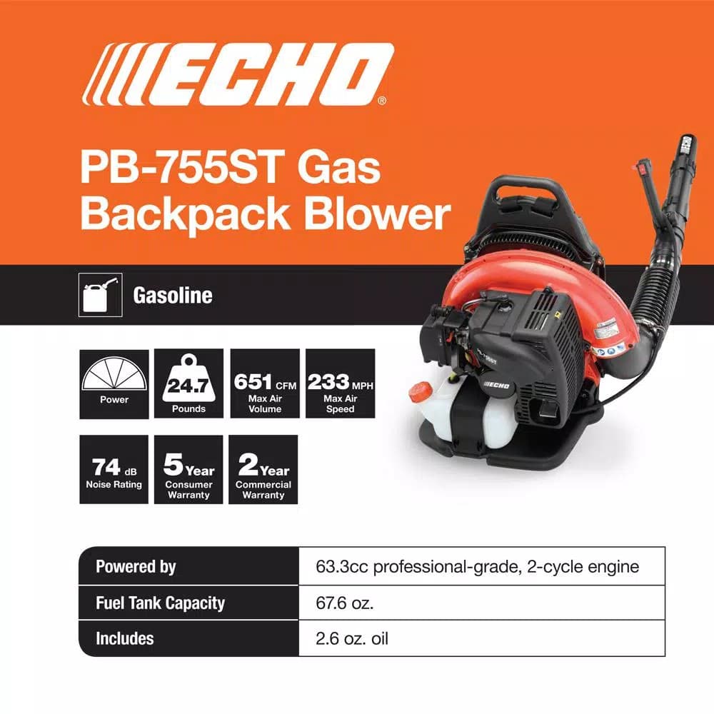 ECHO PB-755ST 63.3cc Gas Backpack Leaf Blower, 651 CFM, 233 MPH
