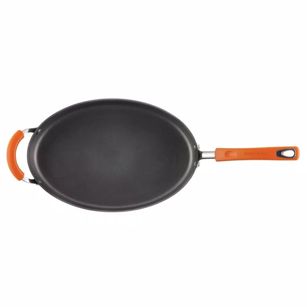Rachael Ray 5-Quart Hard-Anodized Aluminum Nonstick Oval Saute Pan with Glass Lid, Orange and Gray