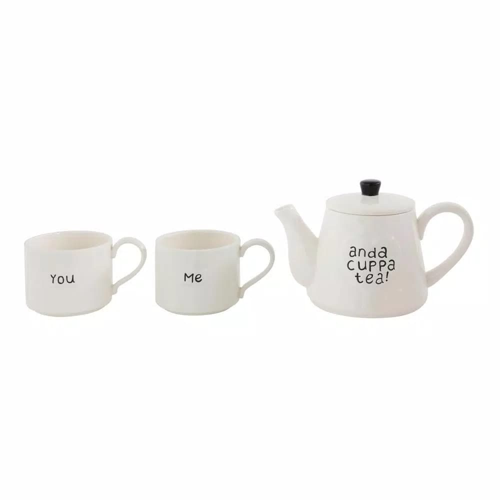 3R Studios White Stackable Teapot and Mugs Set, 3-Piece Ceramic Tea Set