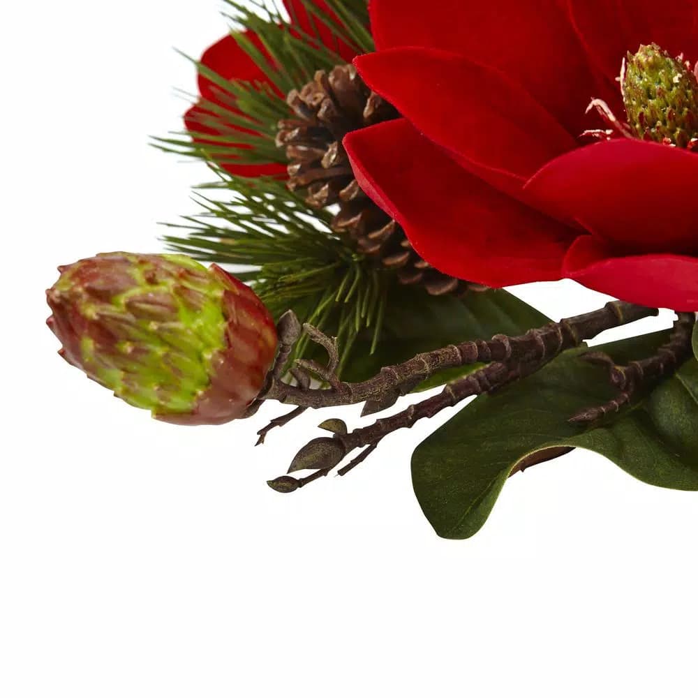 Nearly Natural 7 in. Red Magnolia and Pine Candelabrum with Glass Candleholder