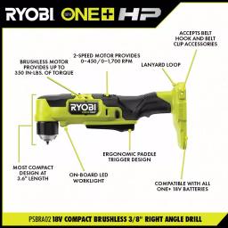RYOBI ONE+ HP 18V Brushless Compact 3/8 in. Right Angle Drill (Tool Only) thumbnail 3