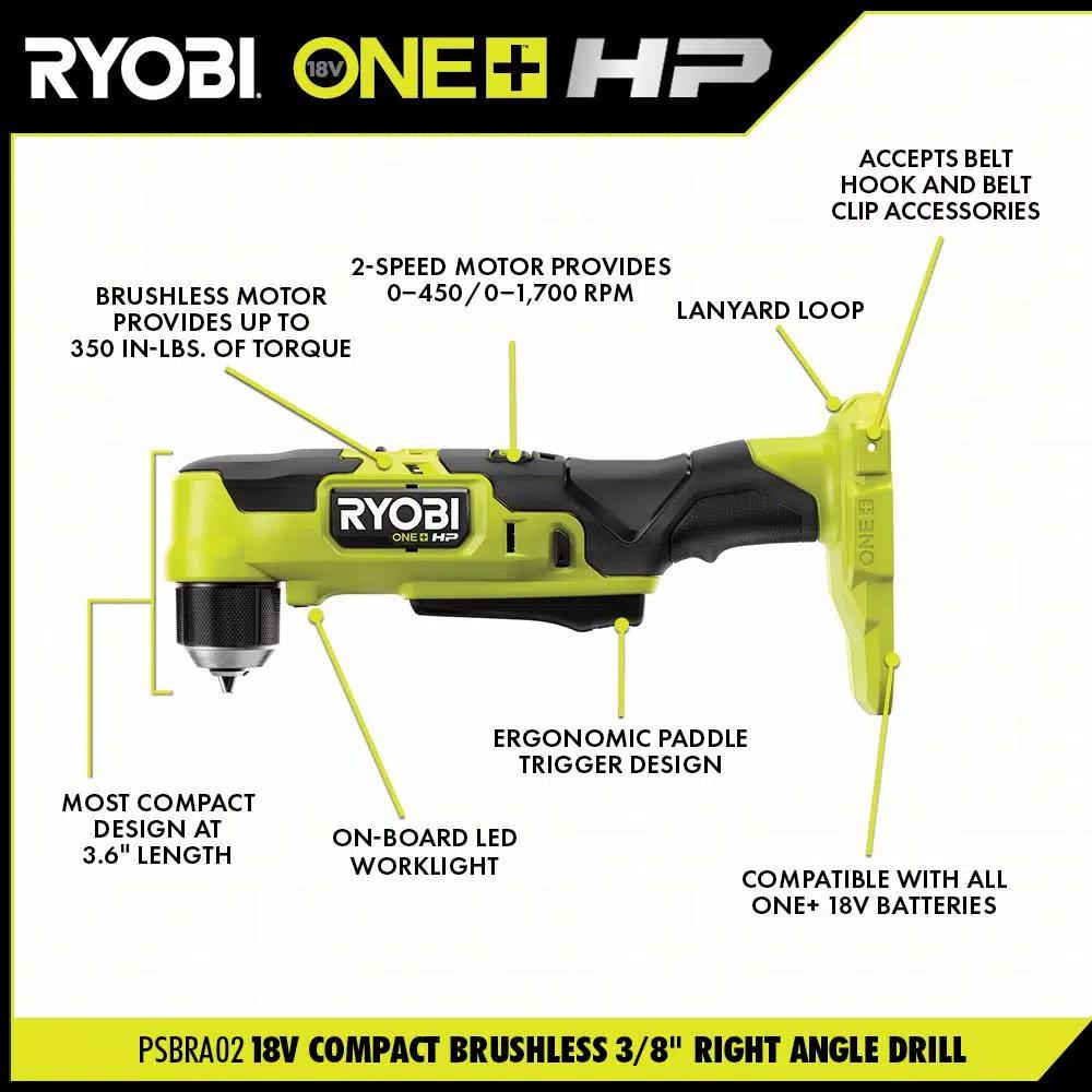 RYOBI ONE+ HP 18V Brushless Compact 3/8 in. Right Angle Drill (Tool Only)