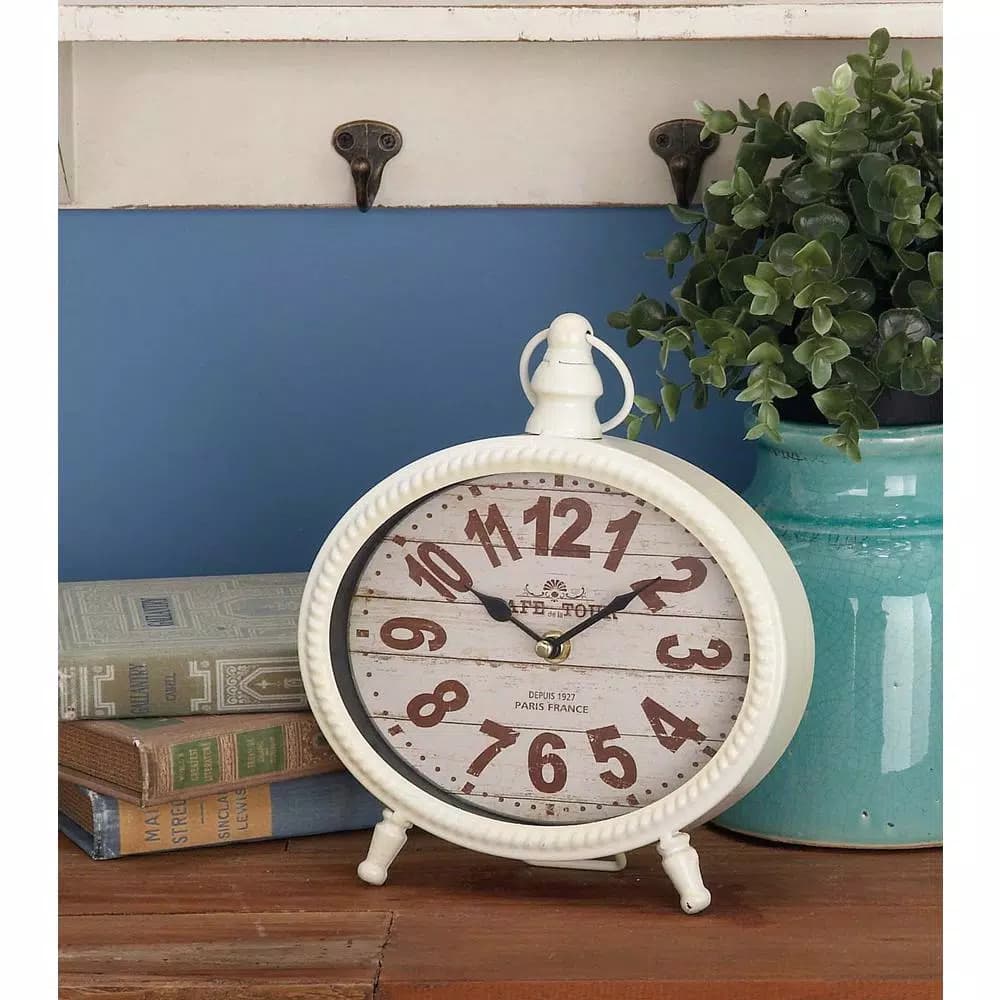 LITTON LANE 9 in. x 8 in. Round Iron Desk Clock 4-Pack, Vintage Farmhouse Style