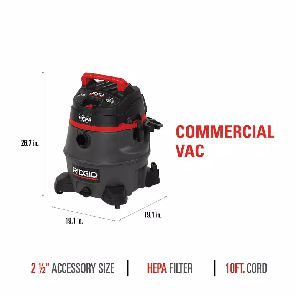 RIDGID 14 Gallon 2-Stage HEPA Commercial Wet/Dry Shop Vacuum, 11.5 Amp