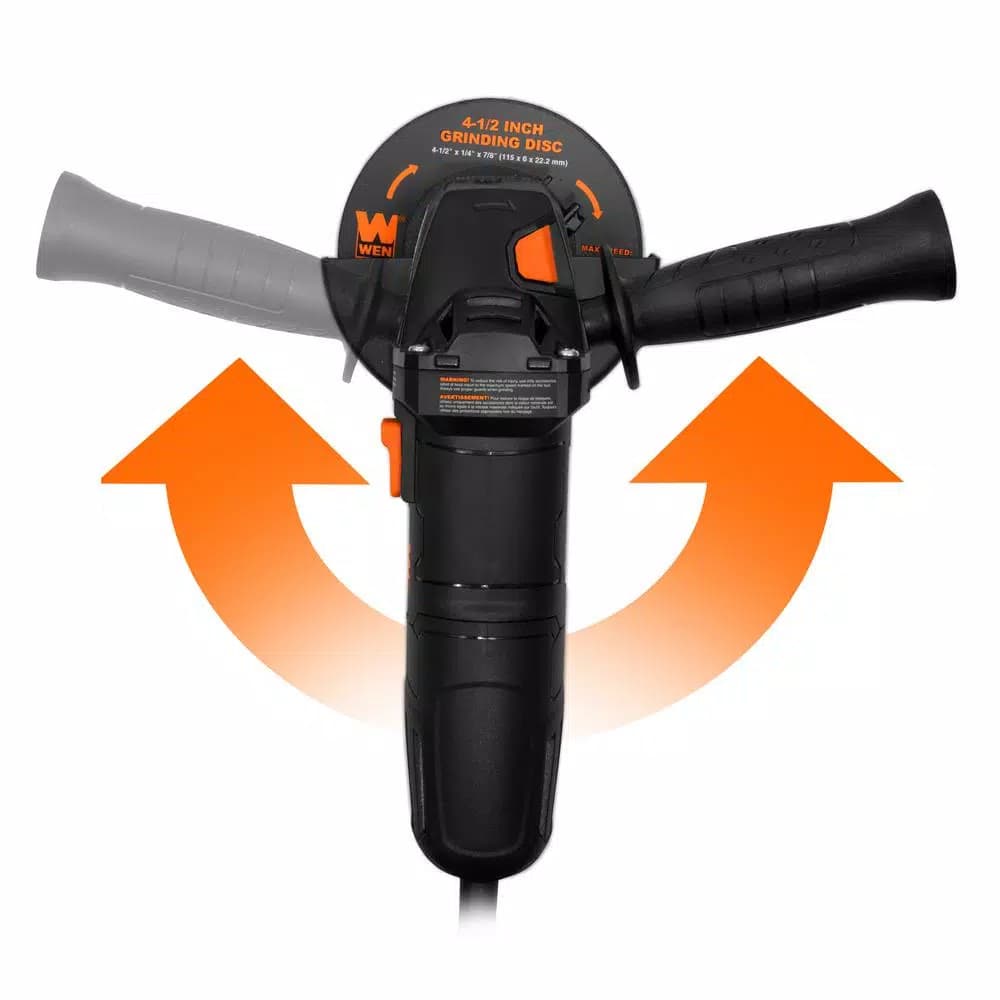 WEN 4.5 in. 7.5 Amp Corded Angle Grinder with Reversible Handle, 3 Discs, and Carrying Case