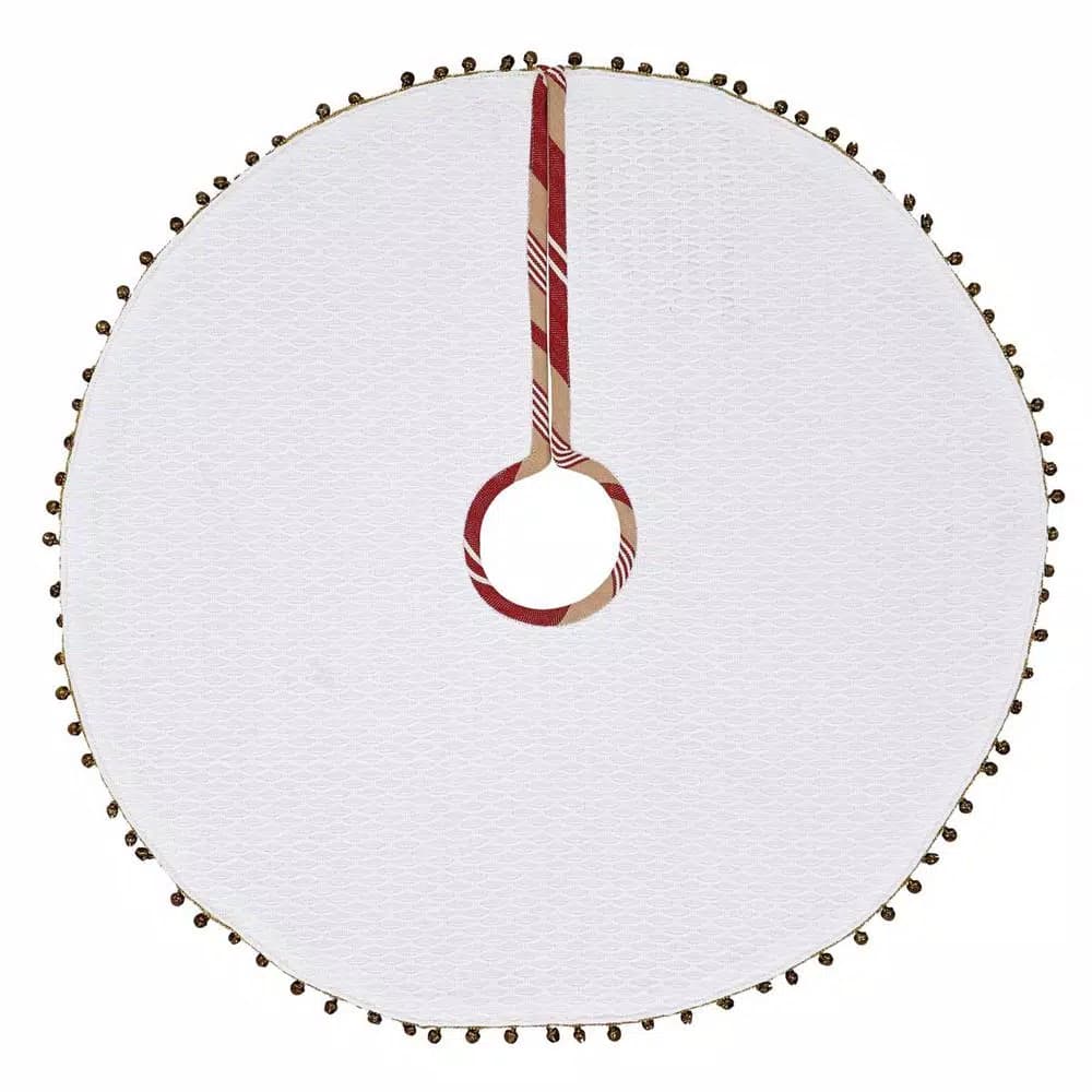 VHC Brands 21 in. Vintage Stripe Candy Apple Red Farmhouse Christmas Mini Tree Skirt with Jingle Bell Trim