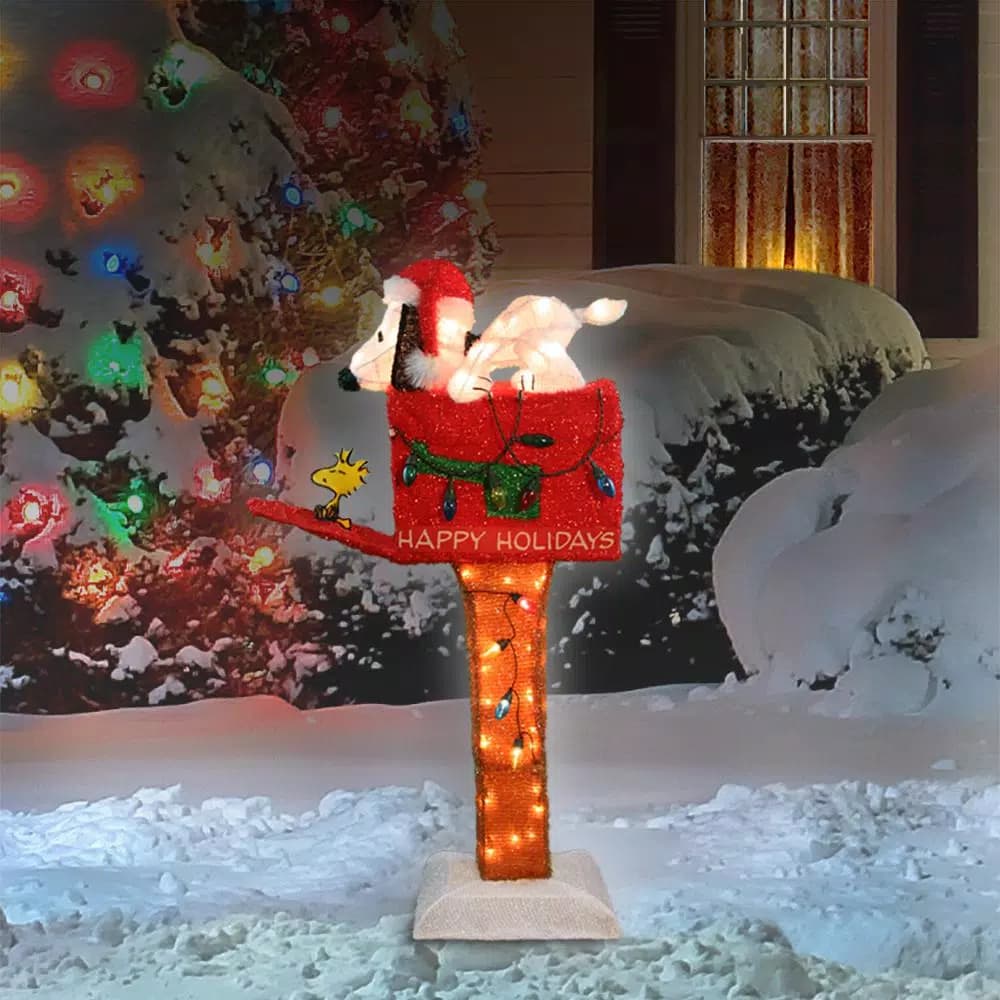 Peanuts 36 in. Peanuts Snoopy & Woodstock Red Mailbox 3D Pre-Lit Animated Tinsel Sculpture