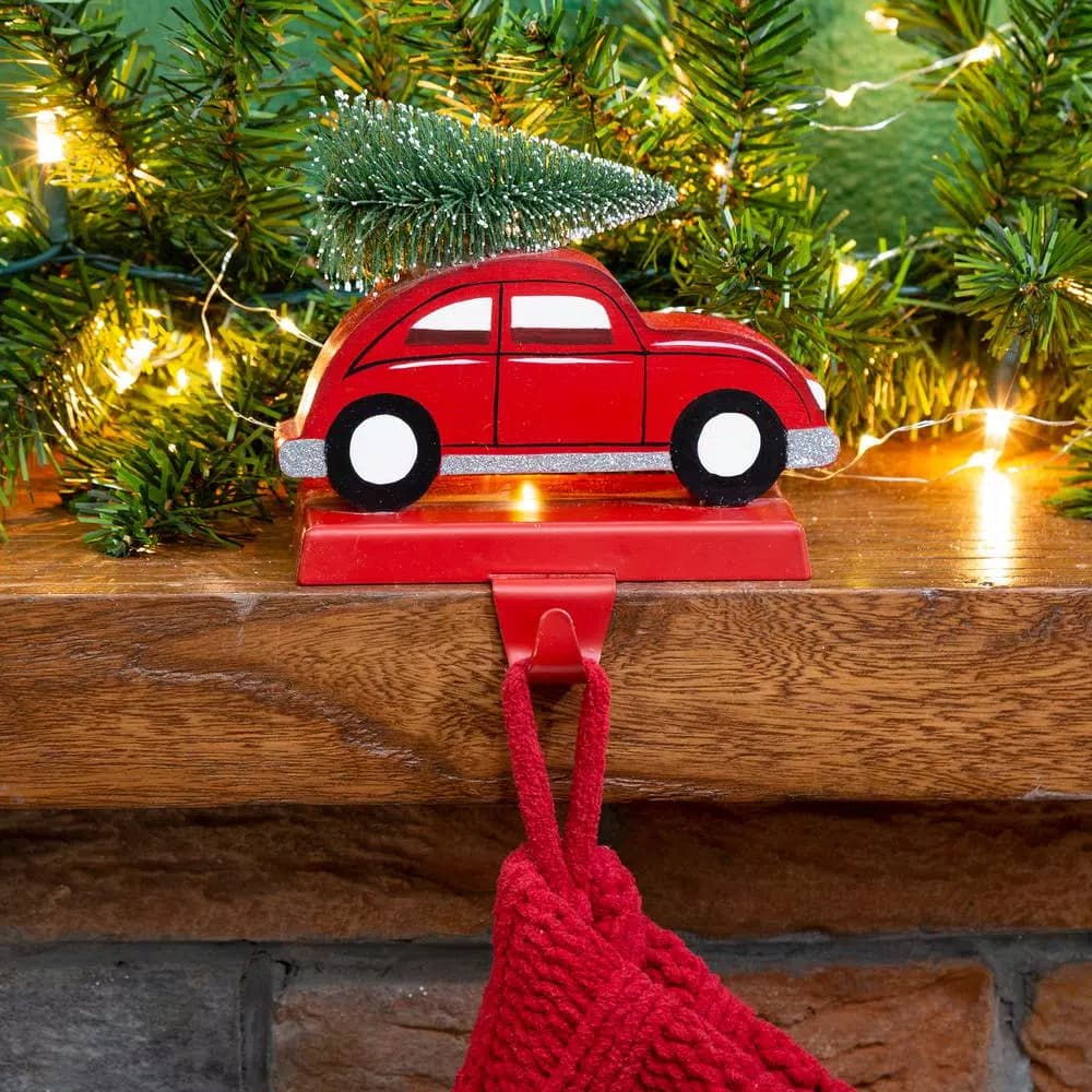 Glitzhome Red Car Wooden and Metal Christmas Stocking Holder - Travel Theme Holiday Decor