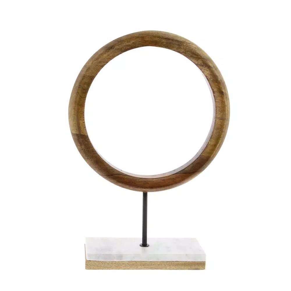 LITTON LANE 17 in. Modern Ring Centerpiece Sculpture - Stained Brown Mango Wood & Marble