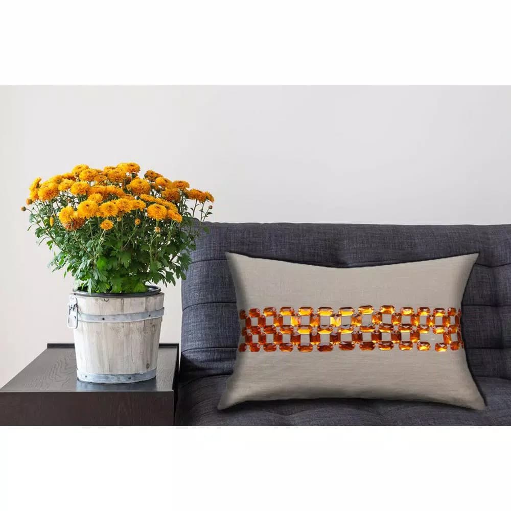 Unbranded Opulence Beige and Orange Geometric Woven Cotton Throw Pillow with Down Alternative Insert
