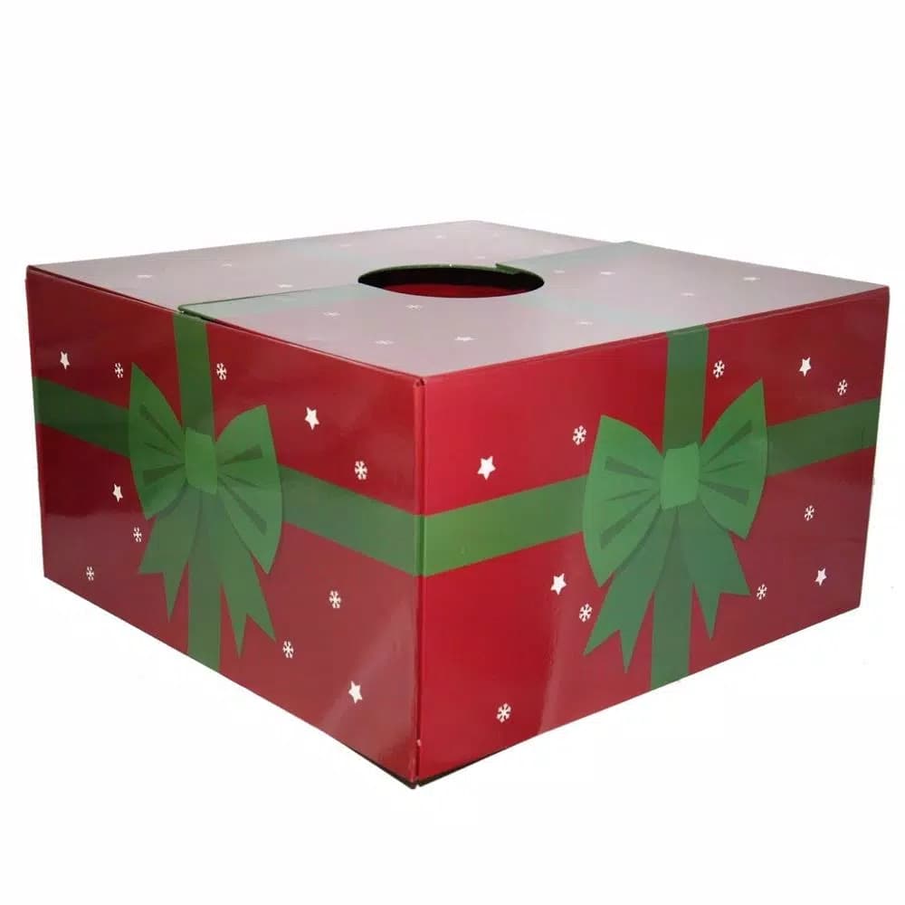 Unbranded Original Christmas Tree Skirt Box - 6 in. Red with Green Ribbon Decorative Tree Stand Cover