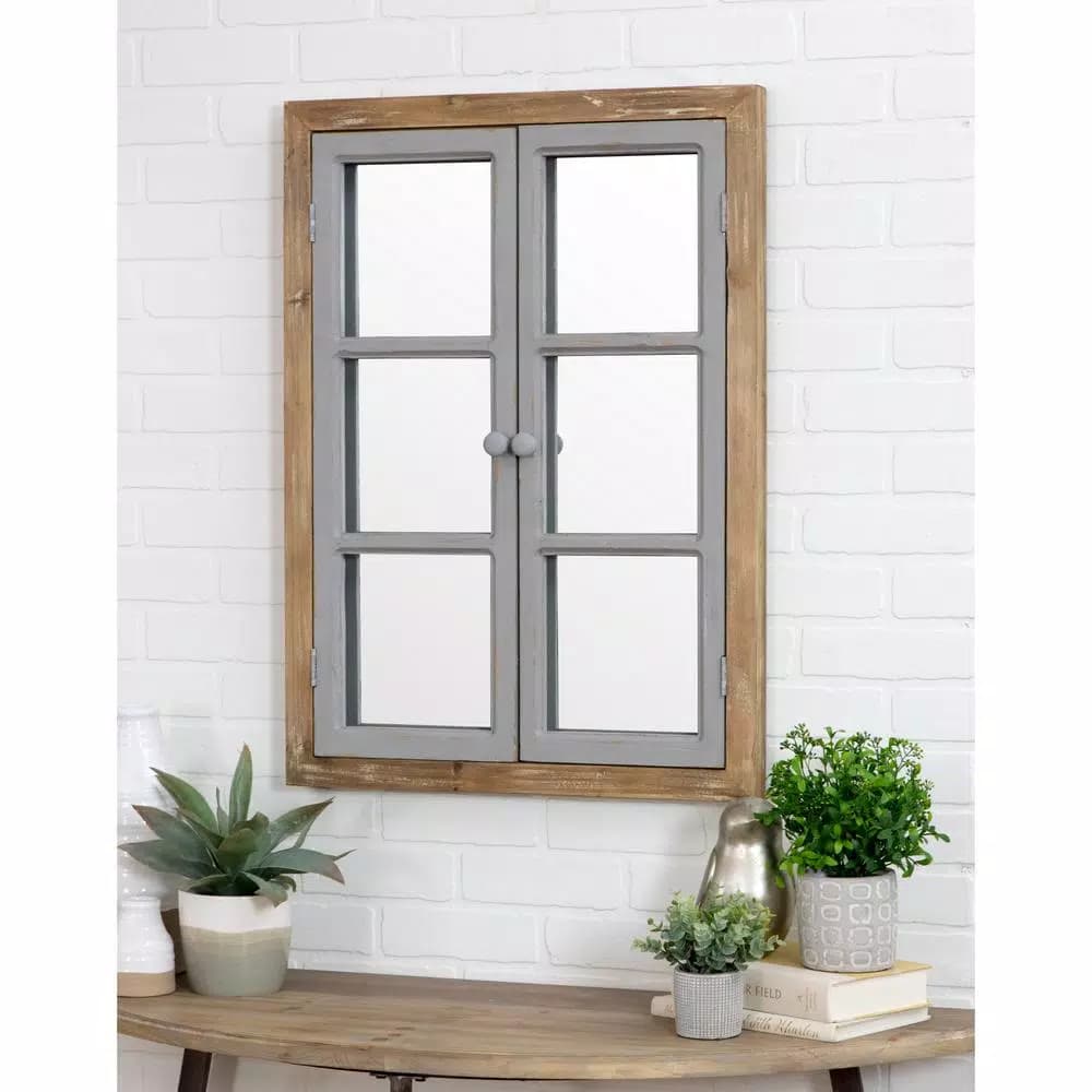 Aspire Home Accents Pueblo Distressed Wood Windowpane Accent Mirror - Medium Brown & Blue-Gray