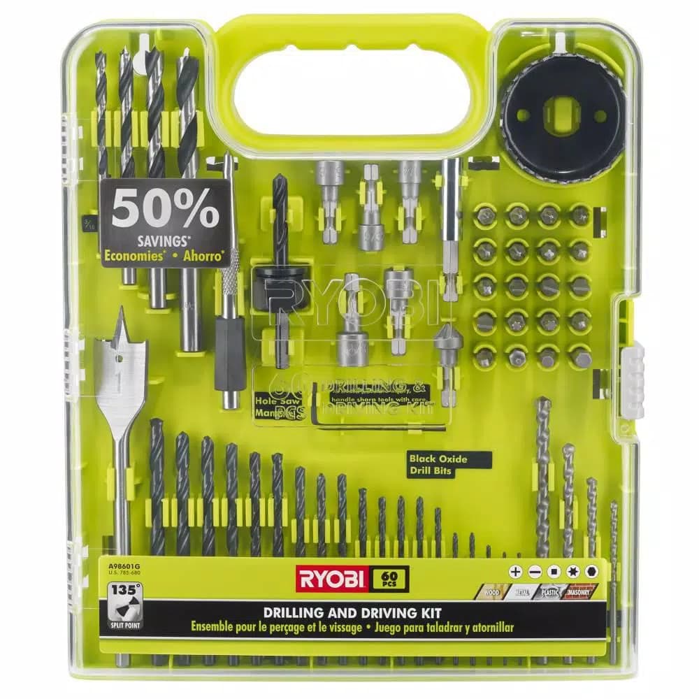 RYOBI 18V ONE+ Cordless 6-Tool Combo Kit with (2) Batteries, Charger, Bag & 60-Piece Drill/Drive Bonus Kit