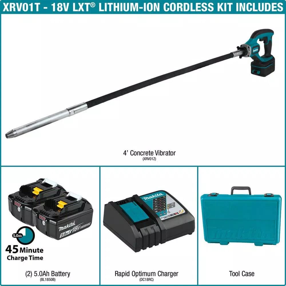 Makita 18V LXT Cordless 4 ft. Concrete Vibrator Kit (XVR01T) with 5.0Ah Battery and Charger