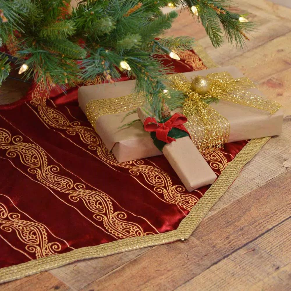 VHC Brands 48 in. Yule Christmas Red Glam Decor Tree Skirt with Gold Embroidered Paisley