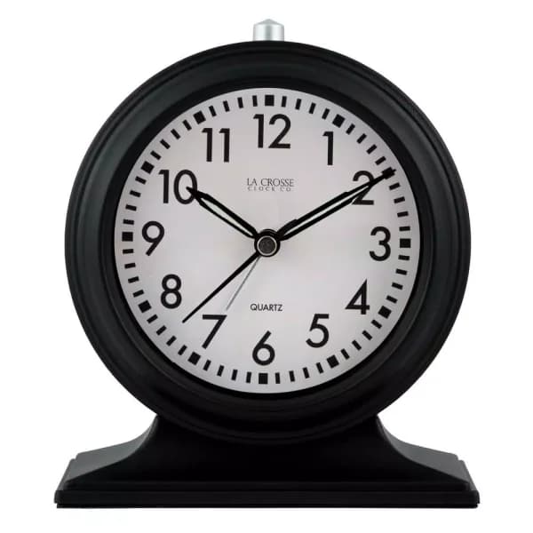 La Crosse Clock Co. Silent Sweep Black Mantel Alarm Clock with Luminous Hands
