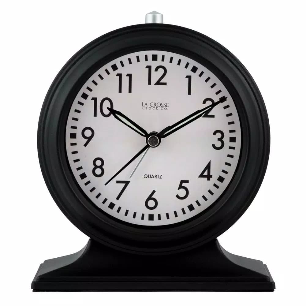 La Crosse Clock Co. Silent Sweep Black Mantel Alarm Clock with Luminous Hands