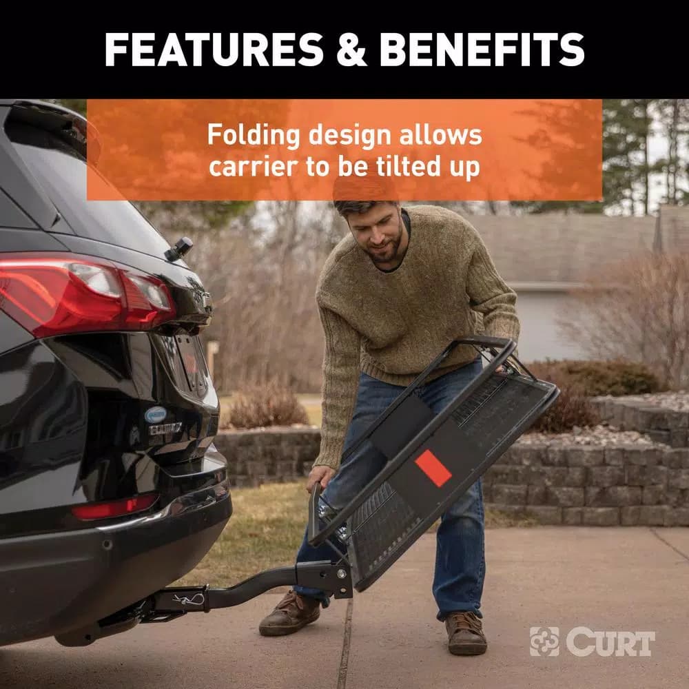 CURT 60" x 24" Black Steel Basket Cargo Carrier with 2" Folding Shank, 500 lbs. Capacity