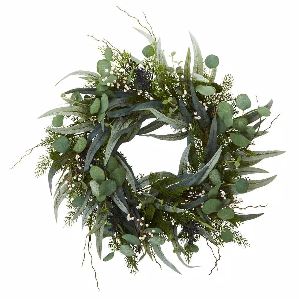 Nearly Natural 24 in. Artificial Eucalyptus and Mixed Greens Wreath with White Berries