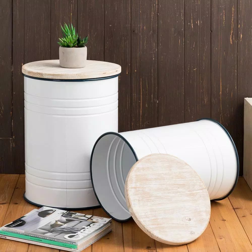 Glitzhome Farmhouse Enamel Metal Round Container Set with Wood Lids, Set of 2