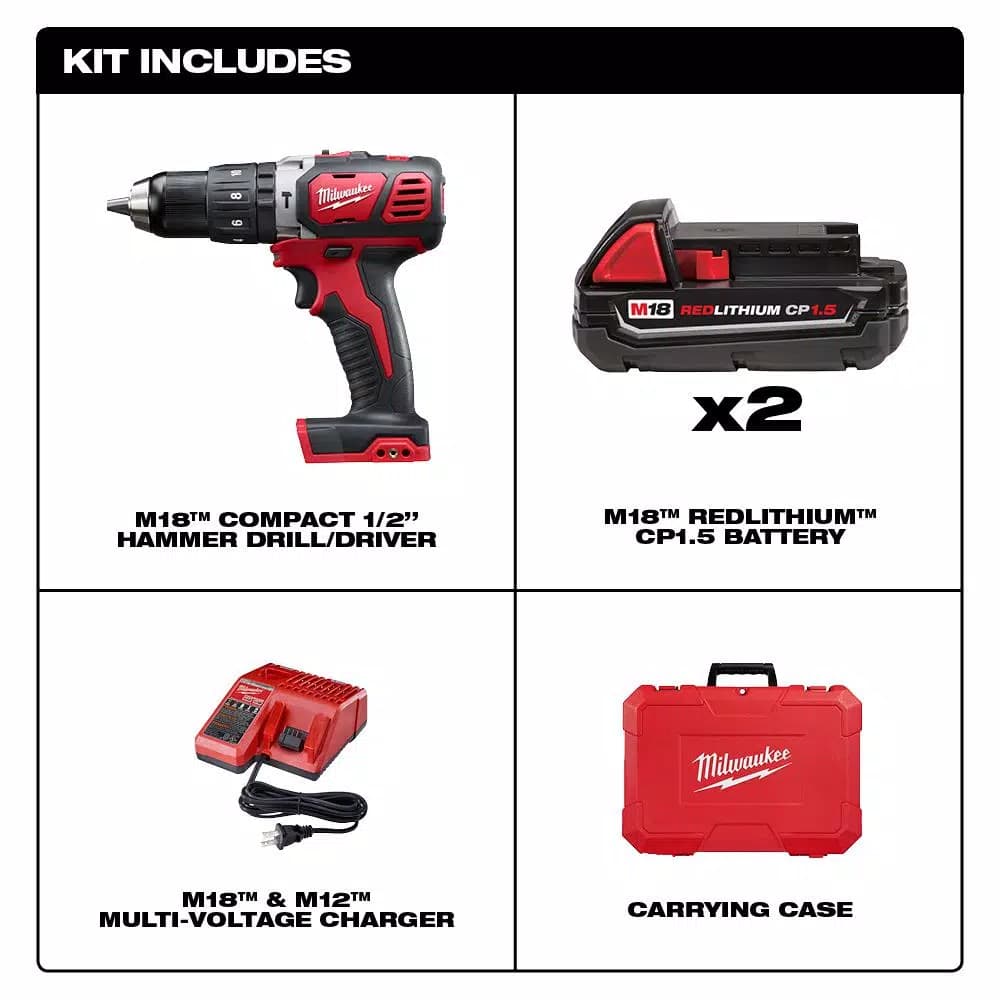 Milwaukee M18 Compact 1/2 in. Hammer Drill Driver Kit with (2) 1.5Ah Batteries, Charger, and Hard Case