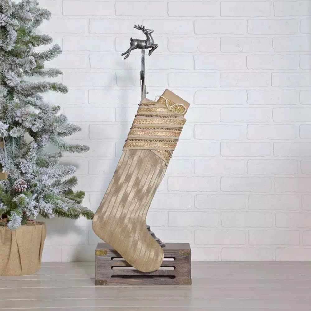 VHC Brands 20 in. Celebrate Bronze and Tan Glam Christmas Stocking with Gold Lurex and Lace