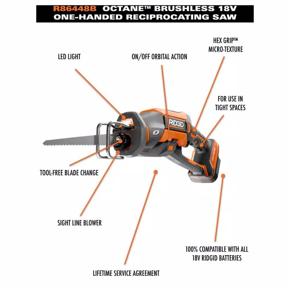 RIDGID 18V OCTANE Cordless Brushless One-Handed Reciprocating Saw, Tool Only