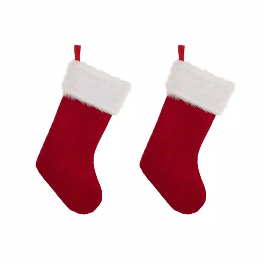 Glitzhome 20 in. Red Polyester Knitted Dog Stocking with Faux Fur Cuff (2-Pack)