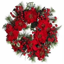 Nearly Natural 24 in. Artificial Poinsettia and Pine Wreath with Berries and Pine Cones, Red thumbnail 1