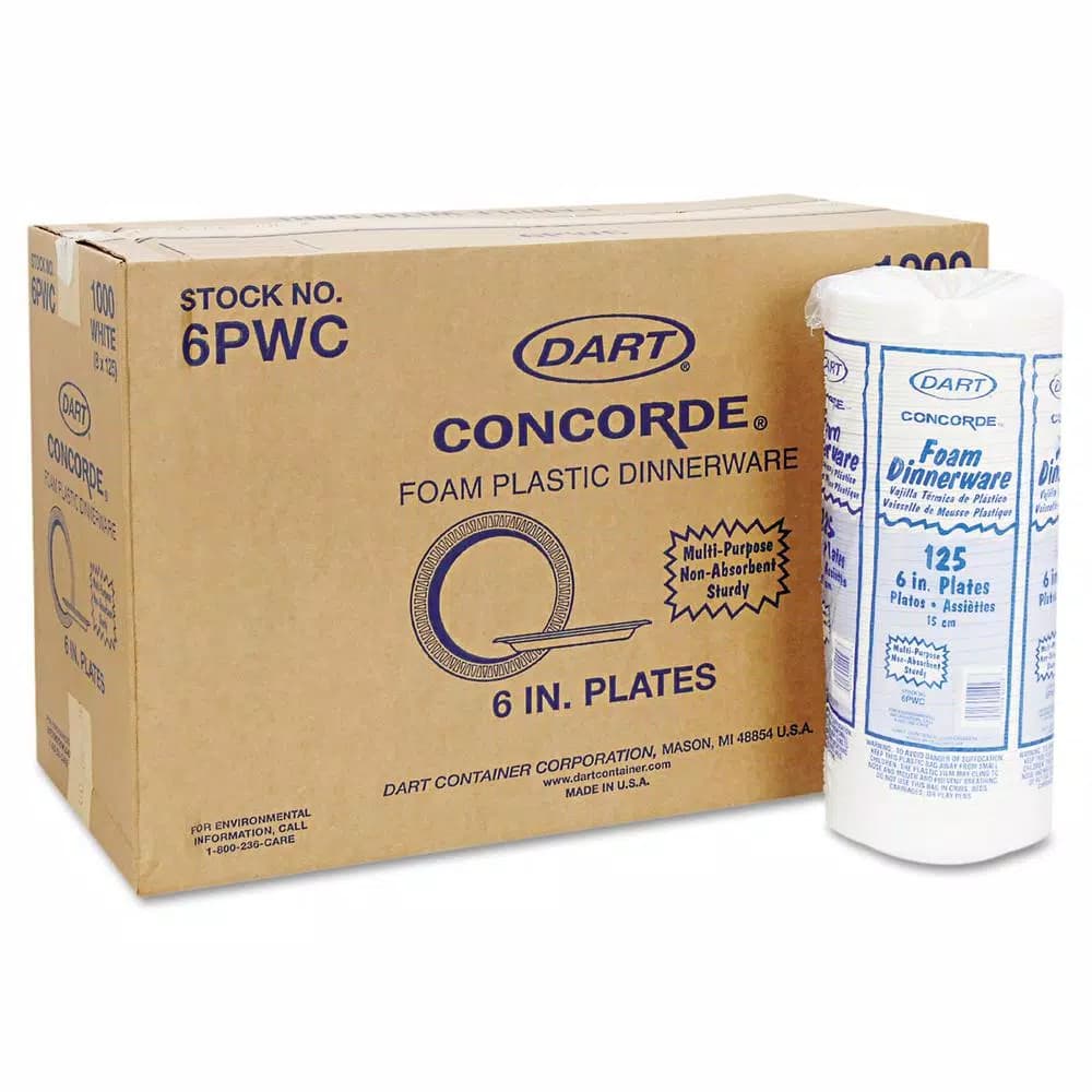 DART Concorde 6 in. White Foam Plastic Plates, Non-Laminated, 1000 Count Case