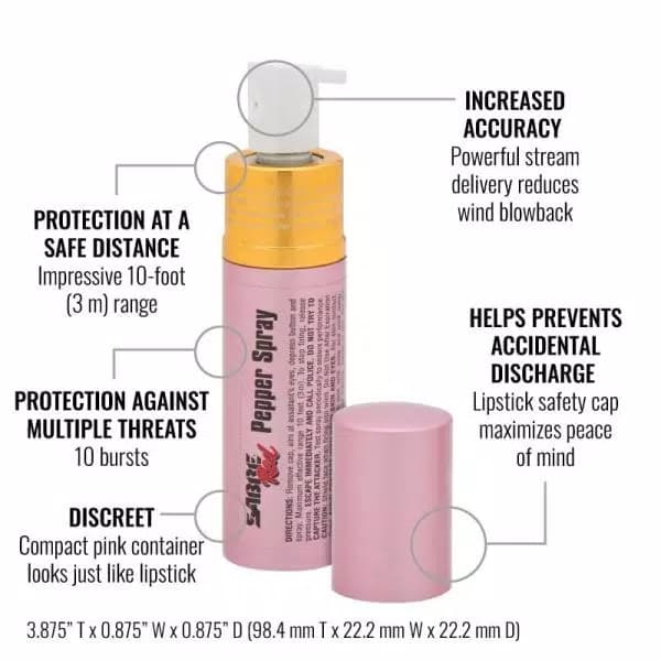 SABRE Lipstick Pepper Spray Personal Defense Spray - Pink Discreet Design
