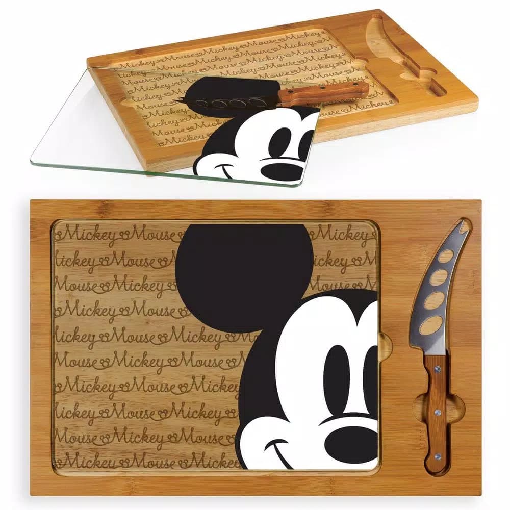 TOSCANA Mickey Mouse Icon Glass Top Serving Tray and Cheese Knife Set, Rubberwood & Bamboo