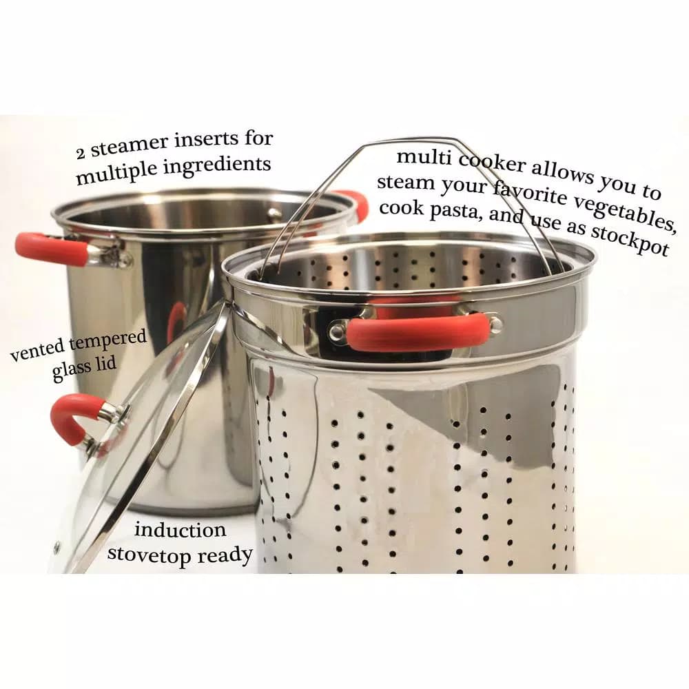 ExcelSteel 8 Qt. Stainless Steel Multi-Cooker Pasta Pot Set with Steamer Insert and Red Silicone Handles