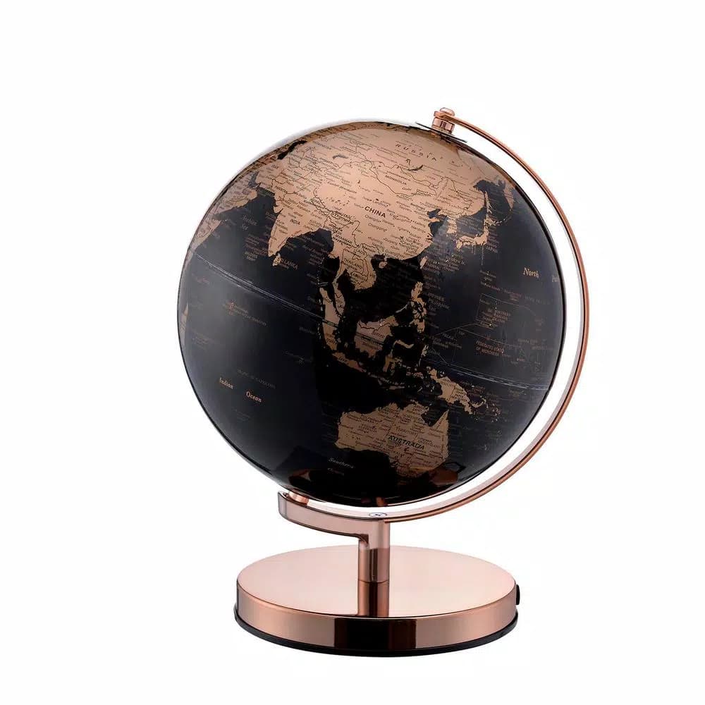 Unbranded 12.5 in. Black and Gold Topographical LED Globe with Rose Gold Metal Frame