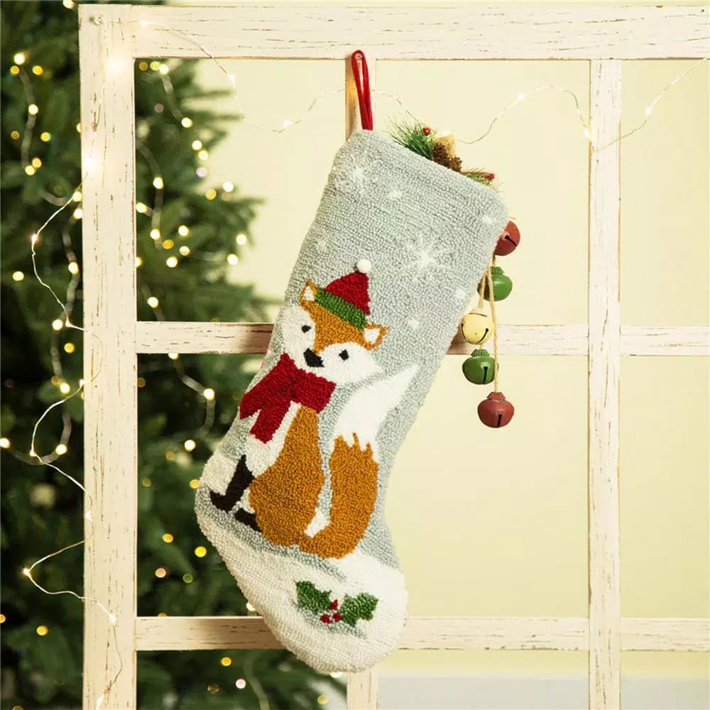 Glitzhome 19 in. Fox Hooked Christmas Stocking with Red Scarf and Santa Hat